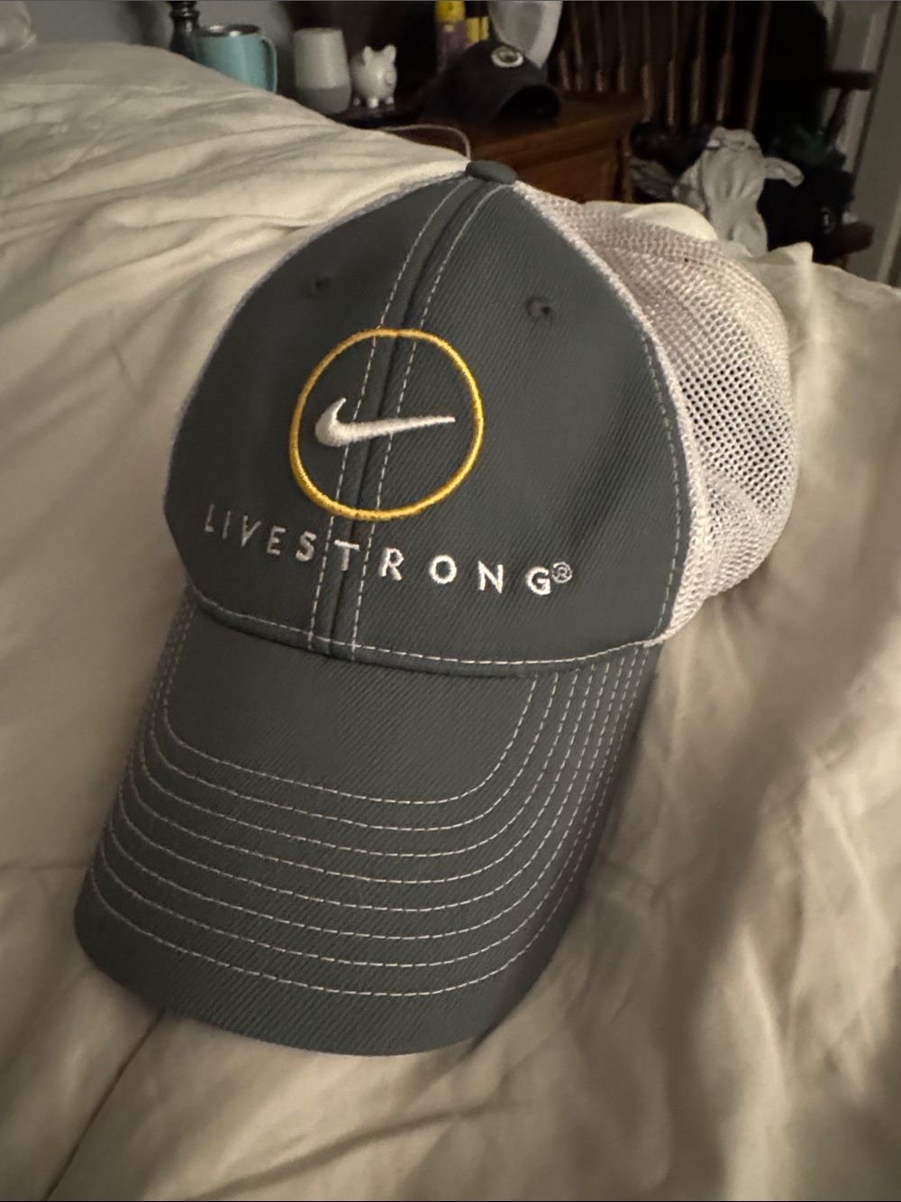 Nike Livestrong Gray Front White Mesh Trucker Hat with Yellow Accent